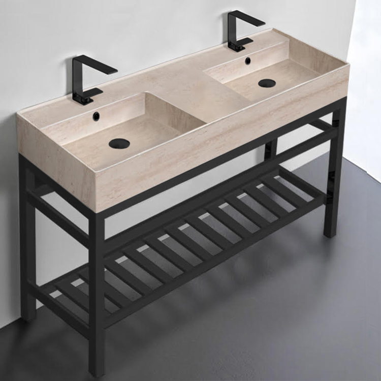 Scarabeo 5143-E-CON2-BLK Beige Travertine Design Double Ceramic Console Sink and Matte Black Base, 48 Inch